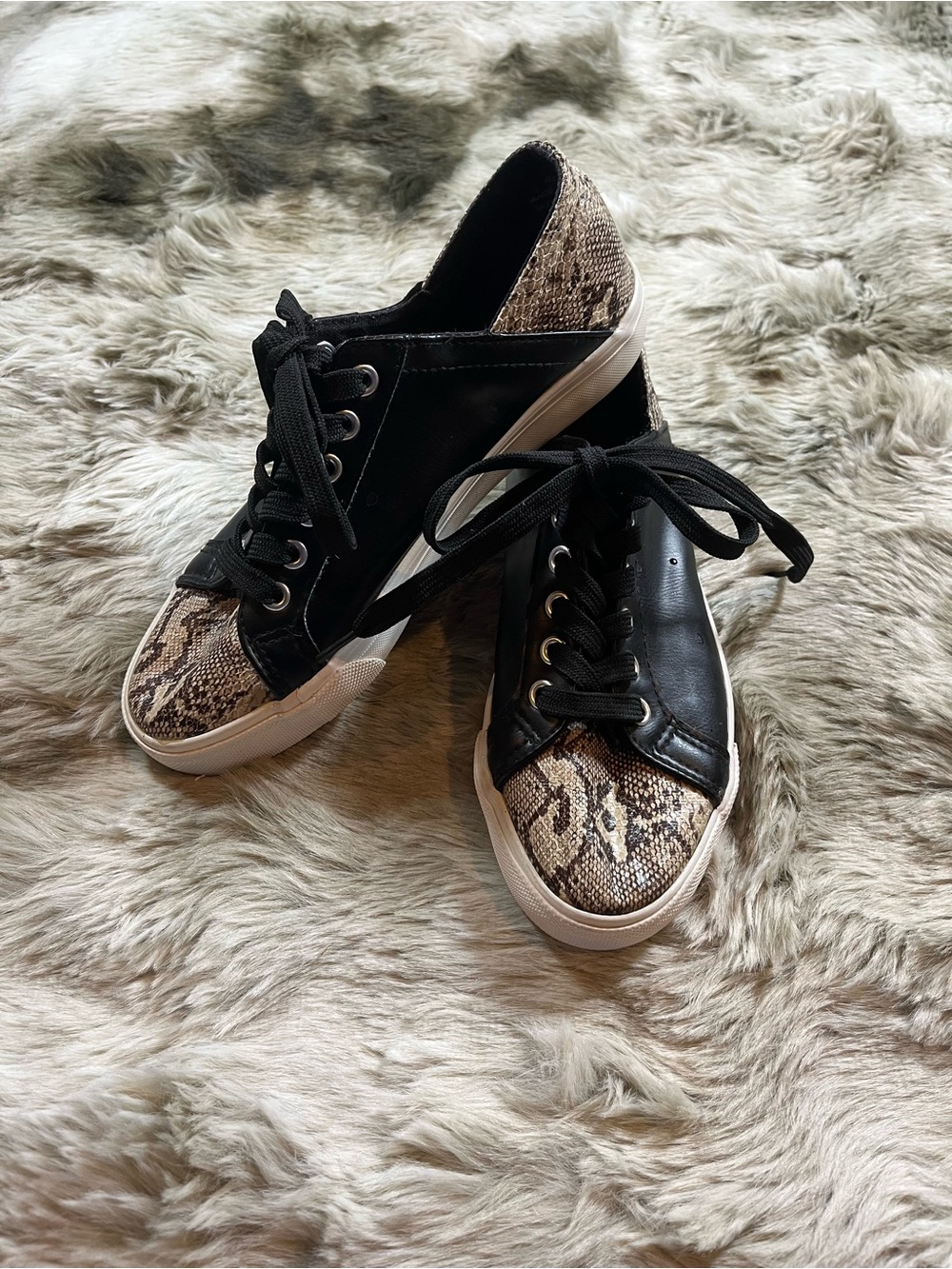 Restricted Black Leather & Snake-Print Low Top Sneakers